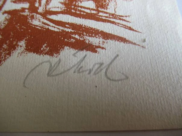 Volná grafika s motivem ženy s amforou před vulkánem, exlibris H. C. SKOV, autor Rudolf Koch, originální tisk z roku 1969, vlastnoruční autorská signatura, rozměr 14,5 × 12 cm
