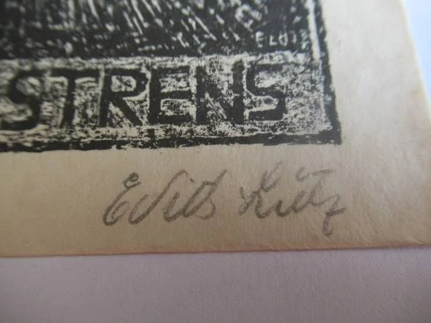 Volná grafika s motivem kosmické přitažlivosti dvou vesmírných těles, exlibris Ir. E. L. C. M. Eugène Strens, autorka Edith Lutz-Romani, originální tisk z roku 1931, vlastnoruční autorská signatura, rozměr 14,5 × 10,5 cm