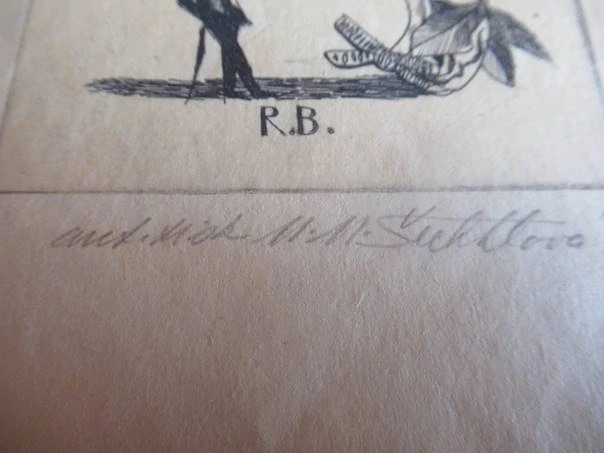 Volná grafika se surrealistickým figurálním motivem, exlibris R. B., autor Marie Michaela Šechtlová, originální tisk, rozměr 19 × 10 cm