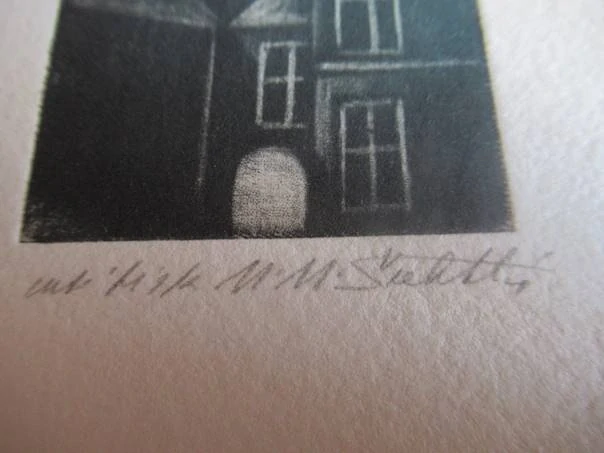 Volná grafika s motivem městského zákoutí a továrních komínů, autor Marie Michaela Šechtlová, originální autorský tisk, rozměr 15 × 10,5 cm