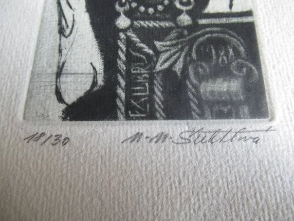 Volná grafika s motivem renesanční ženské busty, exlibris Citta di Pescara G. D'Annunzio, autor Marie Michaela Šechtlová, originální číslovaný a podepsaný tisk, rozměr 20,5 × 11 cm