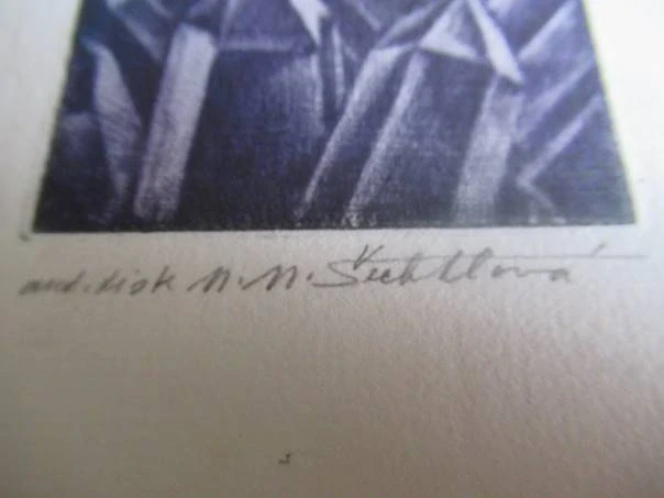 Volná grafika se surrealistickým motivem ulity ammonita a krystalů křemene, autor Marie Michaela Šechtlová, originální autorský tisk, rozměr 21 × 14,5 cm