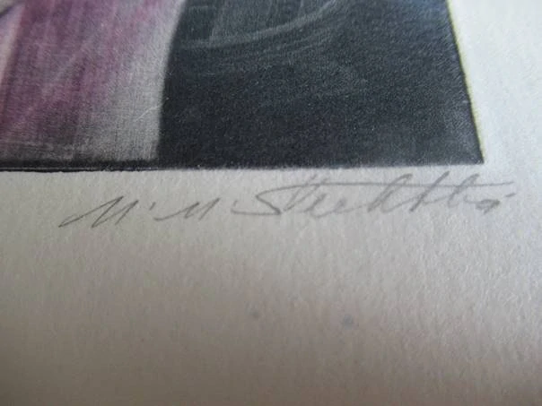 Volná grafika se surrealistickým motivem mostu, stínu a černého slunce, autor Marie Michaela Šechtlová, originální vícebarevný tisk, rozměr 21 × 15 cm