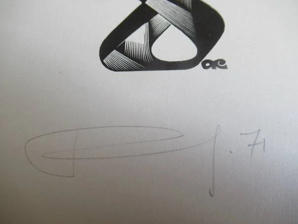 Volná grafika s kubistickým motivem propletených hracích kostek, autor Kalašnikov, originální tisk z roku 1971, vlastnoruční autorská signatura a datace, rozměr 22 × 16,5 cm
