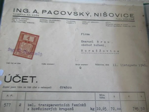 Nišovice pošta Volyně - A. Pacovský - Továrna na kůže - 1941