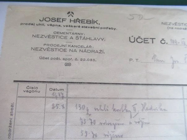 Nezvěstice - Josef Hřebík - prodej uhlí, vápna, veškeré stavební potřeby - 1939