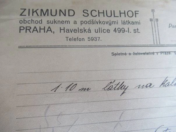 Praha - Zikmund Schulhof - obchod suknem a podšívkovými látkami - 1928