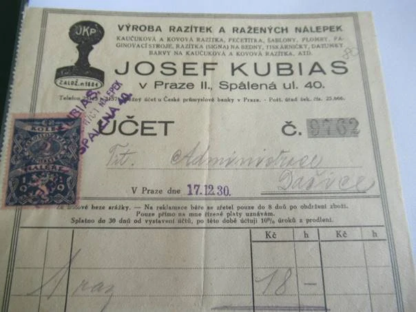 Praha - Josef Kubias - Výroba razítek a ražených nálepek - 1930