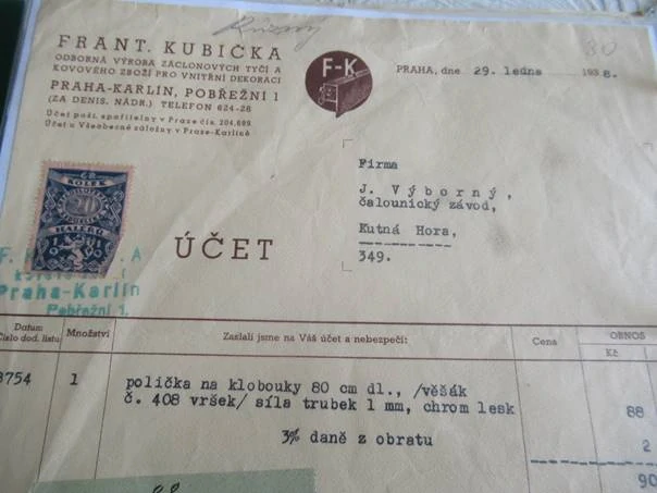 Praha - Frant. Kubička - Odborná výroba záclonových tyčí a kovového zboží pro vnitřní dekoraci - 1938