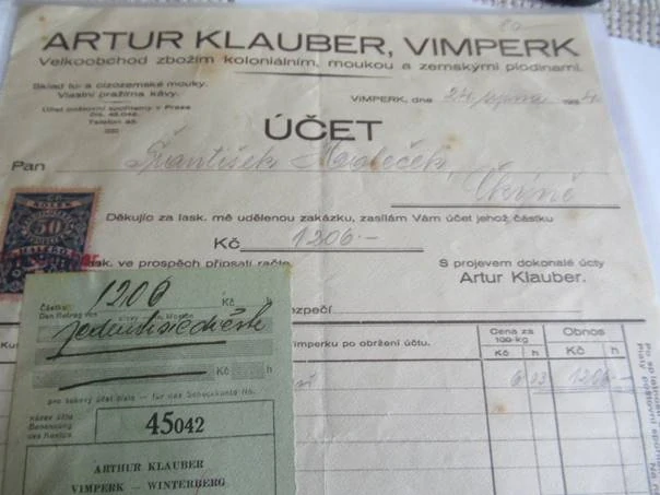 Vimperk - Artur Klauber - Velkoobchod se zbožím koloniálním, moukou a zemskými plodinami - 1934