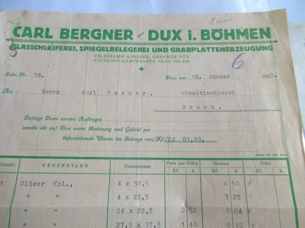 Dux - Carl Bergner - Broušení skla, povlakování zrcadel a výroba náhrobků - 1939