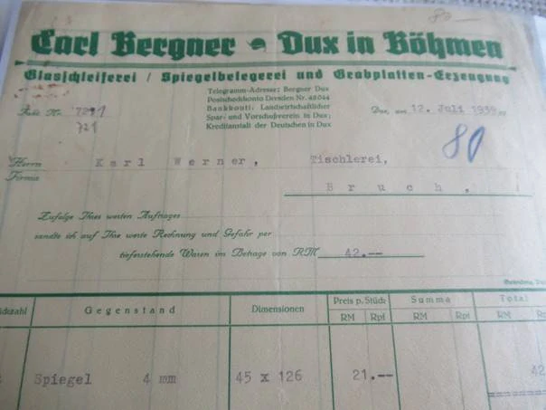 Dux - Carl Bergner - Broušení skla, povlakování zrcadel a výroba náhrobků - 1939