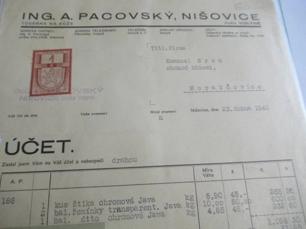 Nišovice pošta Volyně - A. Pacovský - Továrna na kůže - 1940