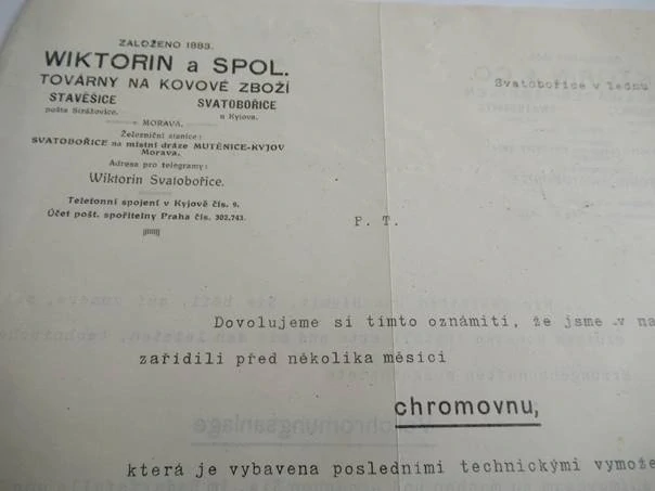 Svatobořice - Wiktorin a spol - Továrny na kovové zboží - obchodní dopis