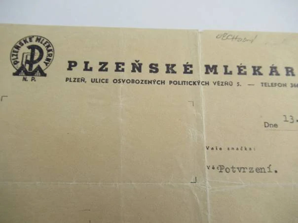 Plzeň - Mlékárny - obchodní dopis