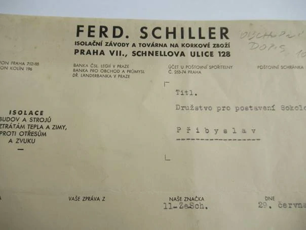 Praha - Ferd. Schiller - Isolační závody a továrna na korkové zboží - obchodní dopis