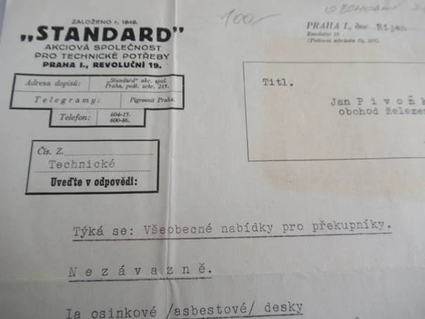 Praha - Standard - Akciová společnost pro technické potřeby - Obchodní dopis
