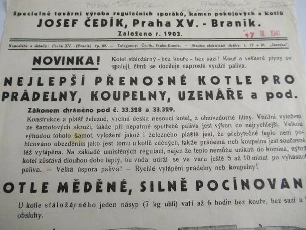 Praha - Braník - Josef Čedík - Spiciálně tovární výroba regulačních sporáků, kamen pokojových a kotlů - Reklamní leták