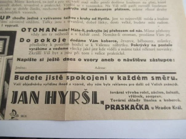 Hradec Králové - Jan Hyršl - Tovární výroba rolet, záclon, žaluzií, výšívek, souprav - reklamní leták