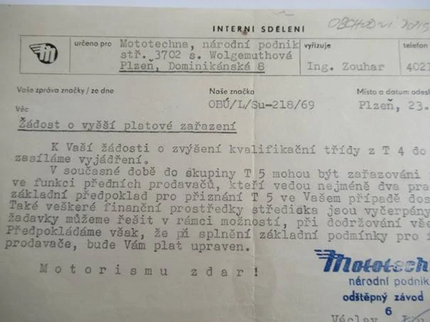 Plzeň - Mototechna, národní podnik - Obchodní dopis