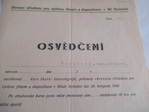 Mladá Boleslav - Osvědčení za školní kurs kinematografie - 1946