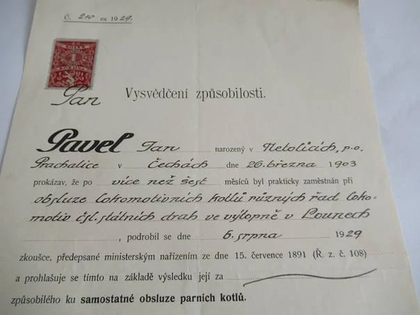 Praha - Vysvědčení způsobilosti ku samostatné obsluze parních kotlů - 1929