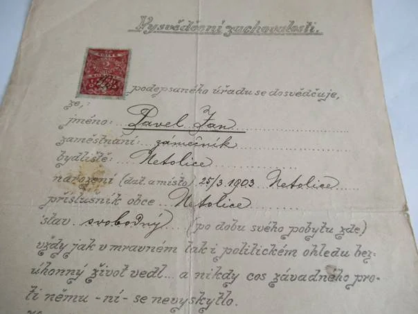 Netolice - Vysvědčení zachovalosti ku přijetí do průmyslové školy - 1920