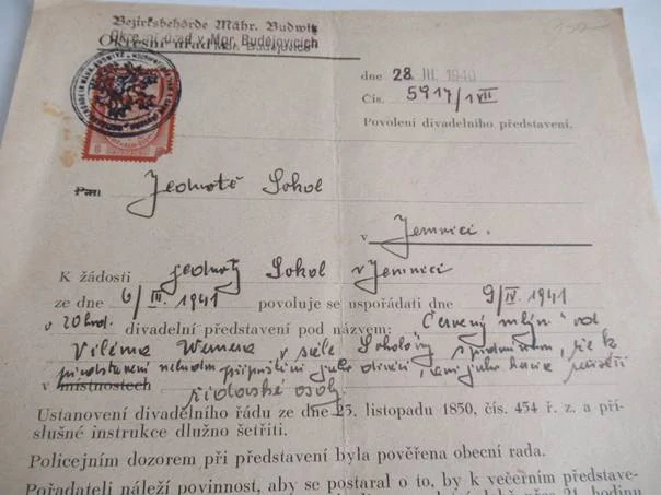 Moravské Budějovice - Povolení divadelního představení - 1940