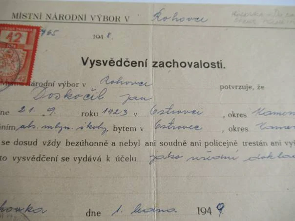 Rohovka - Dobrá Voda, okres Pelhřimov - Vysvědčení zachovalosti - 1948