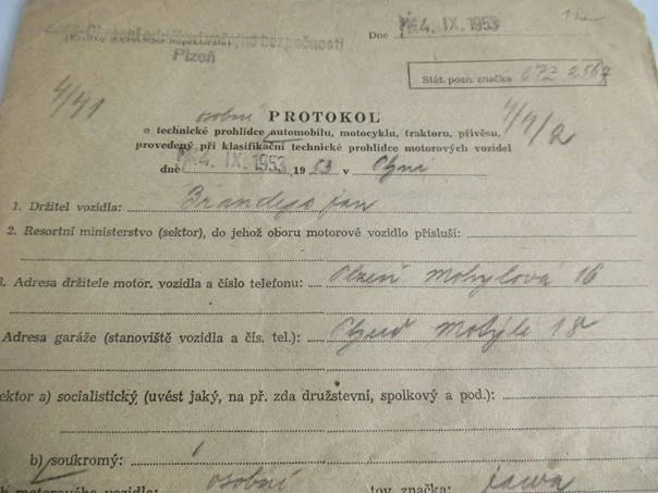 Plzeň - Protokol o technické prohlídce automobilu, motocyklum traktoru a přívěsu - 1953