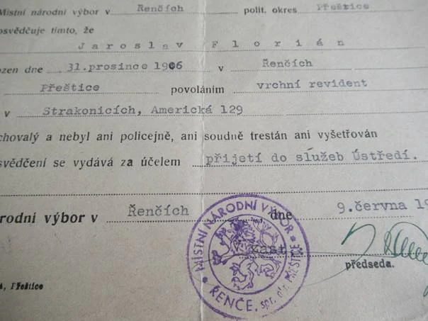 Řenče-Přestice - Vysvědčení zachovalosti ku přijetí do služeb Ústředí - 1949