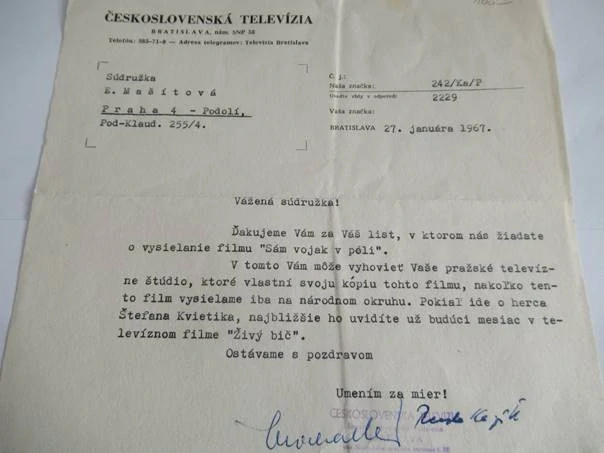 Bratislava - Odpověď na žádost o vysílání filmu, Československá Televize - 1967