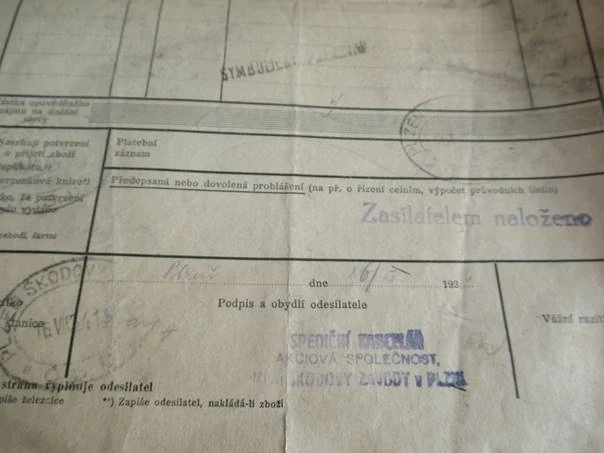 Plzeň, Škodovy závody - Nákladní list pro nákladní zboží - 1934