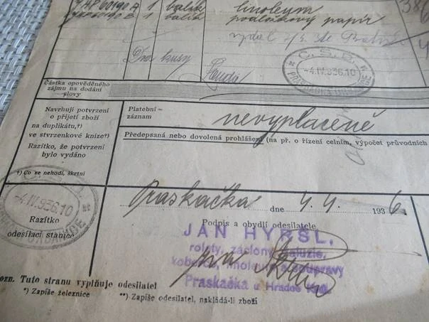 Praskačka u Hradce Králové - Nákladní list pro nákladní zboží - 1936