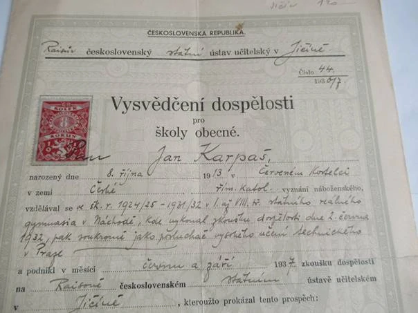 Jičín - Vysvědčení dospělosti pro školy obecné - 1937