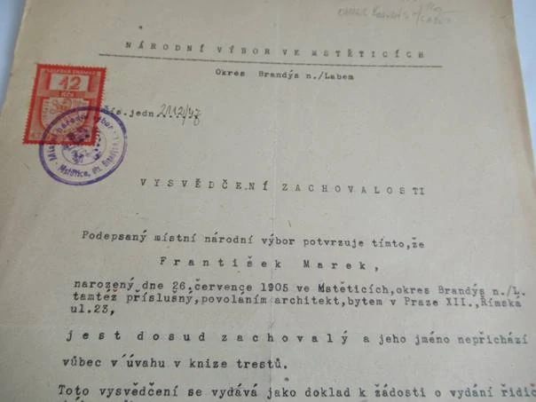 Mstětice, okres Brandýs nad Labem - Vysvědčení zachovalosti vydáno jako doklad k žádosti o vydání řidičského průkazu - 1947