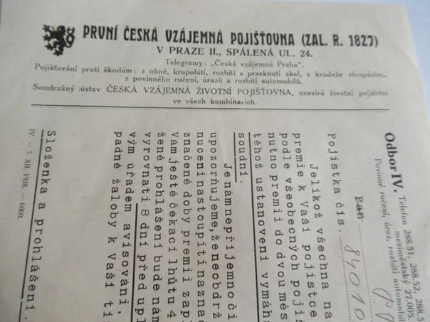Praha - První česká vzájemná pojišťovna,pojistka povinné ručení - 1930