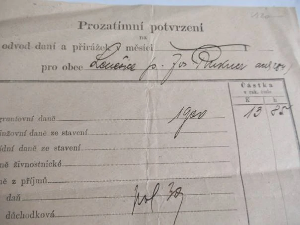 Louny - Prozatímní potvrzení na odvod daní a přirážek v měsíci - 1878