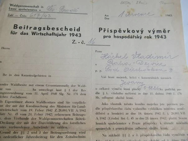 Český Brod - Příspěvkový výměr pro hospodářský rok 1943 - 1. čevence 1943