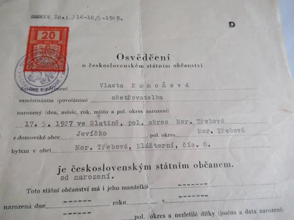 Moravská Třebová - Osvědčení o československém státním občanství - 1949