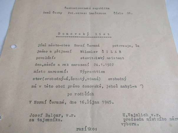 Horní Čermná, okres Moravská Třebová - Domovský list - 1948