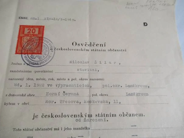 Horní Čermná, okres Moravská Třebová - Osvědčení o československém státním občanství - 1949