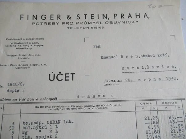Praha - Finger & Stein - Potřeby pro průmysl obuvnický - 1940