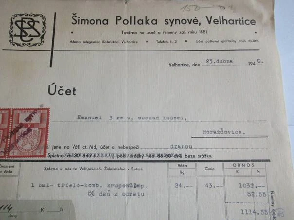 Velhartice - Šimona Pollaka synové - Továrna na usně a řemeny - 1940
