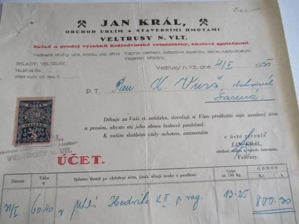 Veltrusy - Jan Král - Obchod s uhlím a stavebními hmotami - 1931