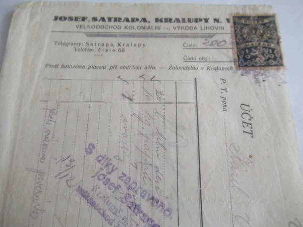 Kralupy nad Vltavou - Josef Satrapa - Velkoobchod koloniální, výroba lihovin - 1922