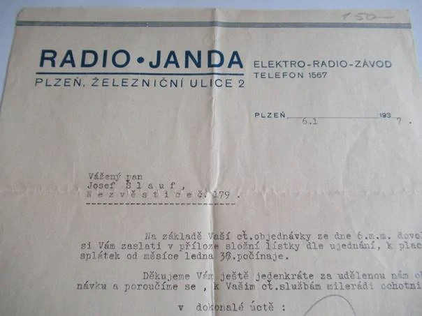 Plzeň - Radio Janda - Elektro radio- závod - 1937