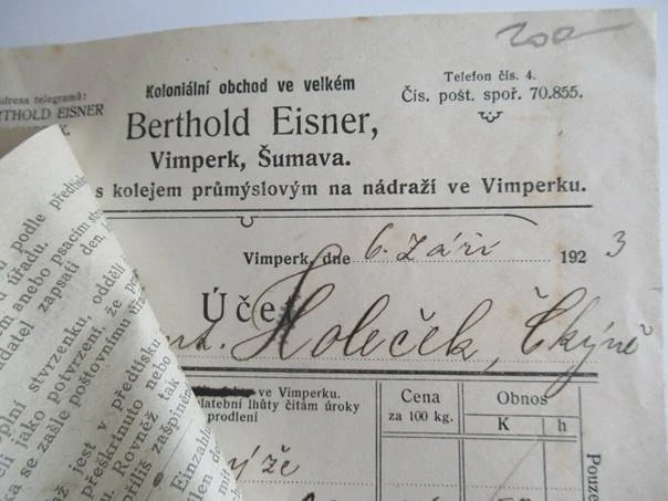 Vimperk - Berthold - Koloniální obchod ve velkém - 1923