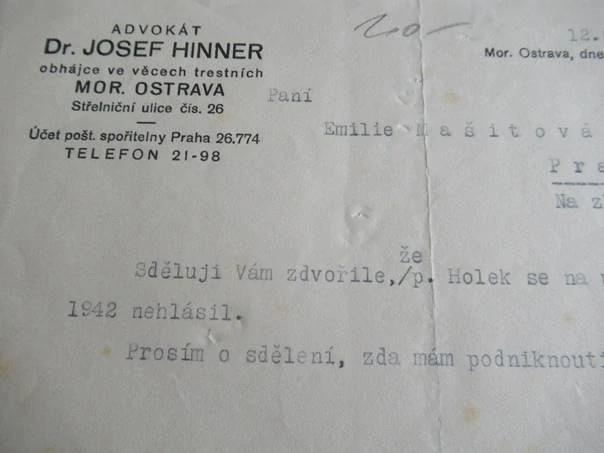 Mor. Ostrava - Dr. Josef Hinner - Advokát, Obhájce ve věcech trestních - 1943
