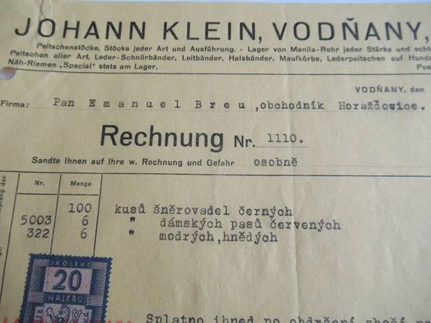 Vodňany - Johann Klein - Biče všeho druhu, kožené tkaničky, kožené biče pro psy a veškeré lovecké příslušenství - 1939